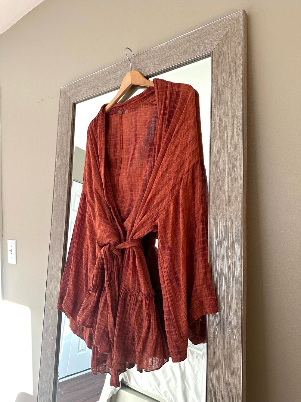 Free People One Burnt Orange Cotton Gauze Bell Sleeve Belted Kimono Size Small
